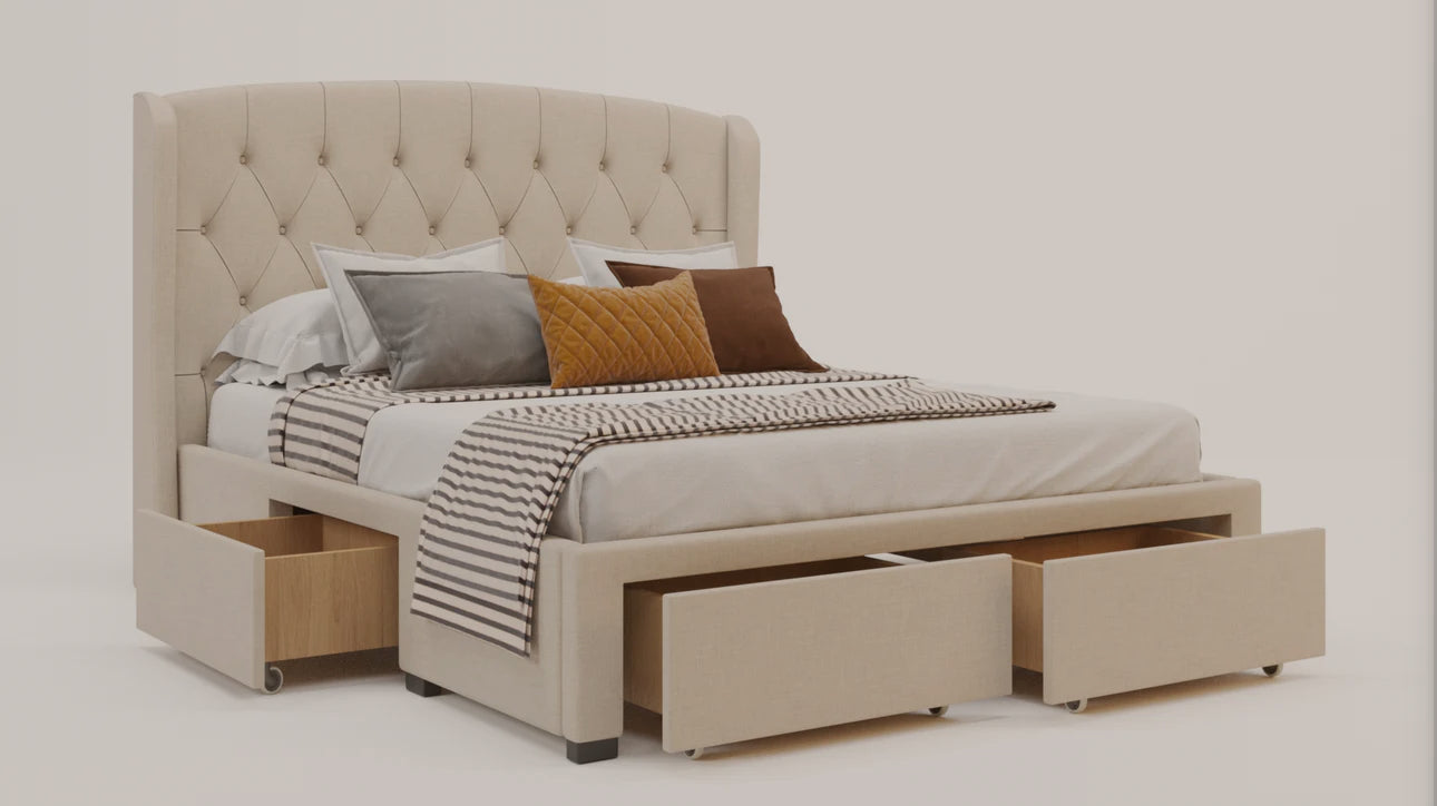 Lyla Beige White Oak Drawer Bed Frame