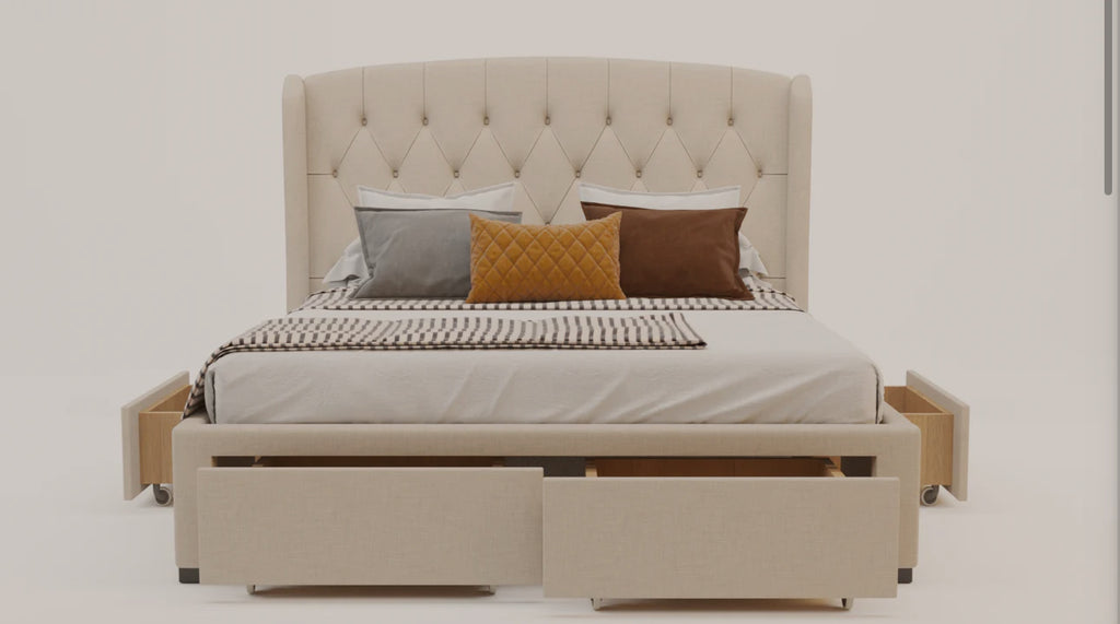 Lyla Beige White Oak Drawer Bed Frame