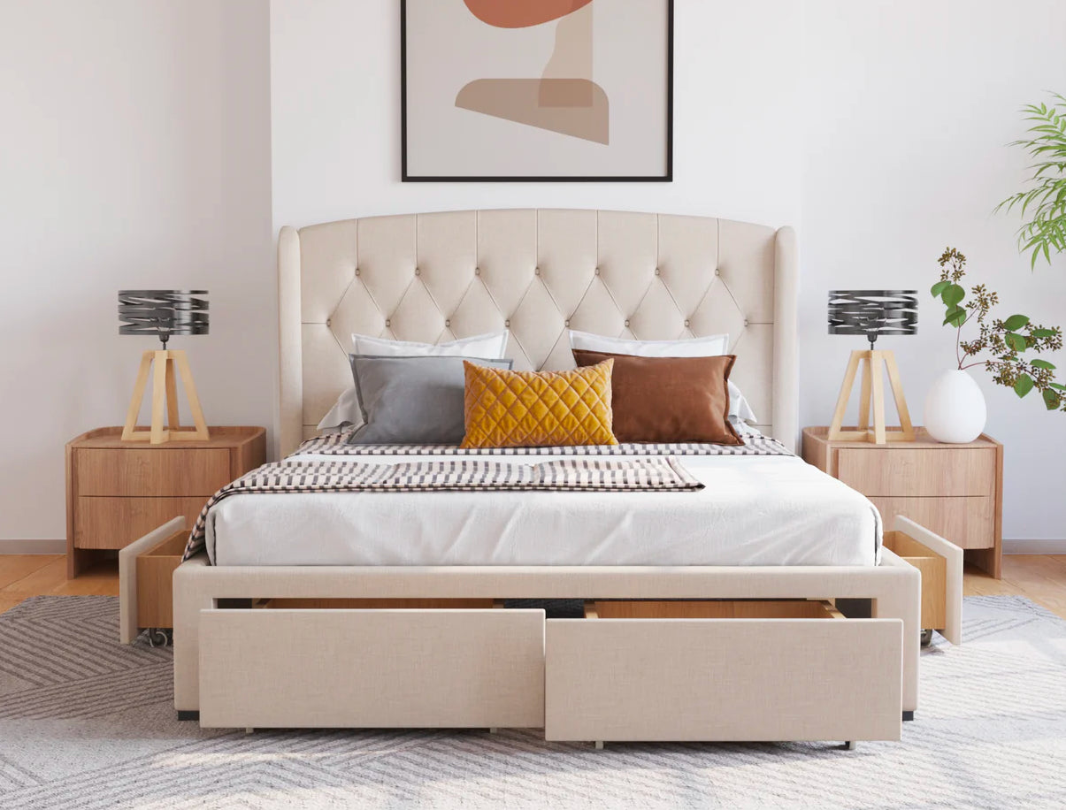 Lyla Beige White Oak Drawer Bed Frame