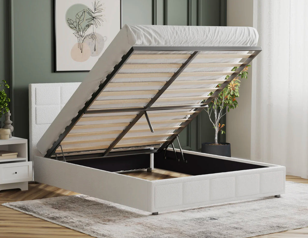 Nora White Boucle Gas Lift Bed Frame