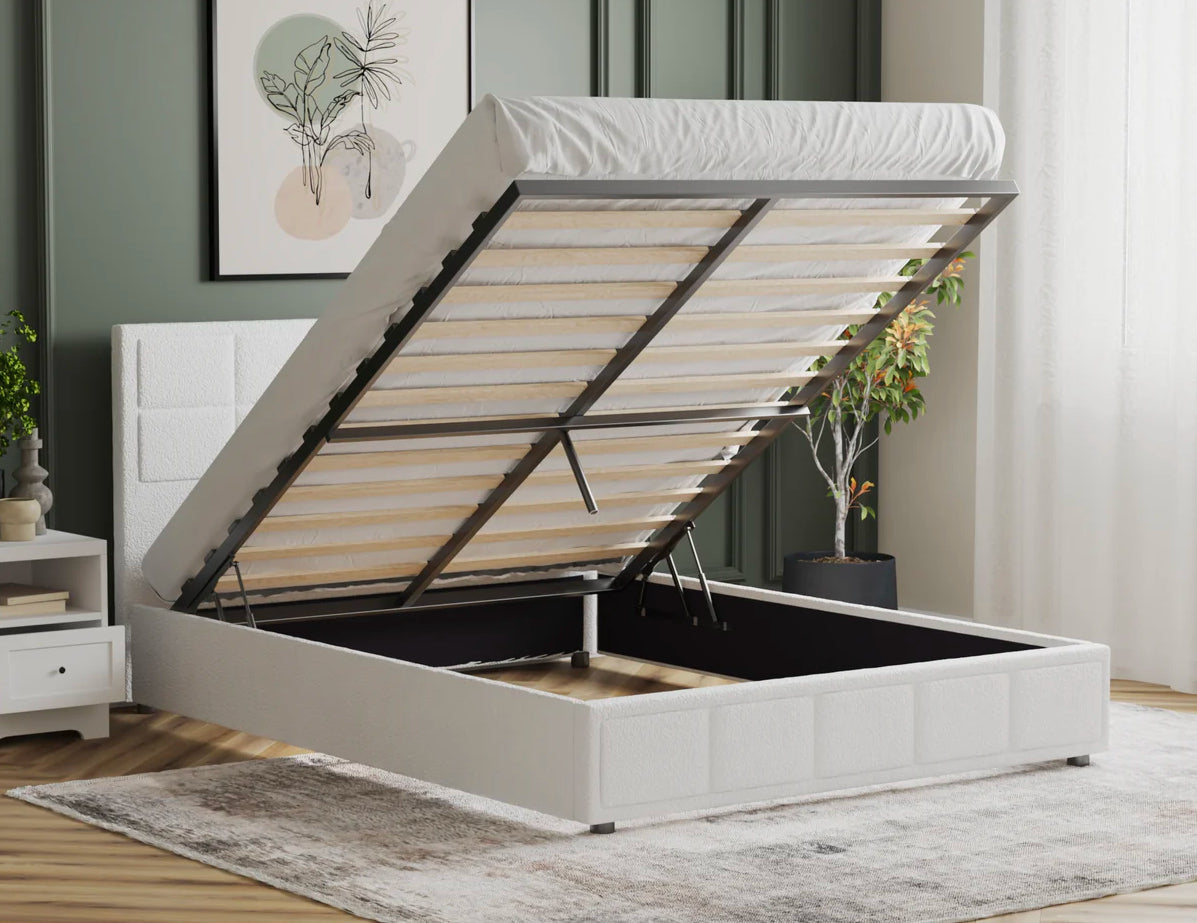 Nora White Boucle Gas Lift Bed Frame