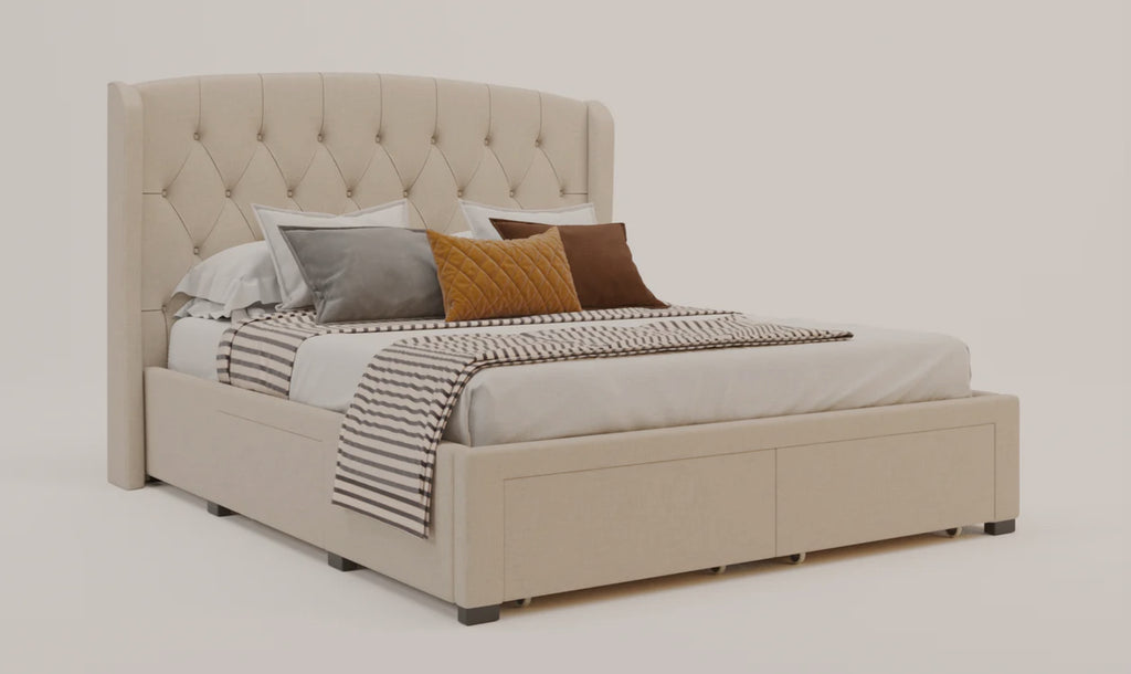 Lyla Beige White Oak Drawer Bed Frame