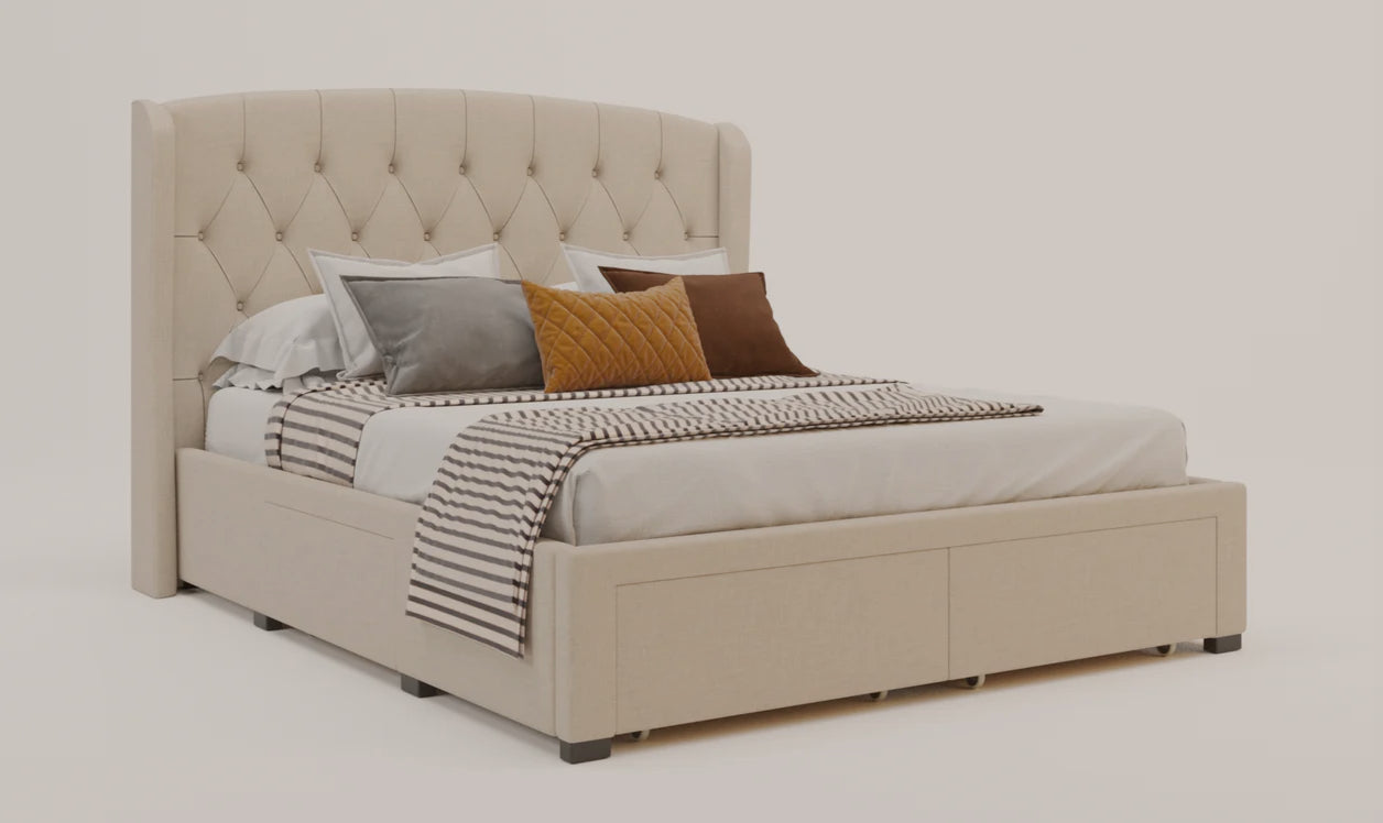 Lyla Beige White Oak Drawer Bed Frame