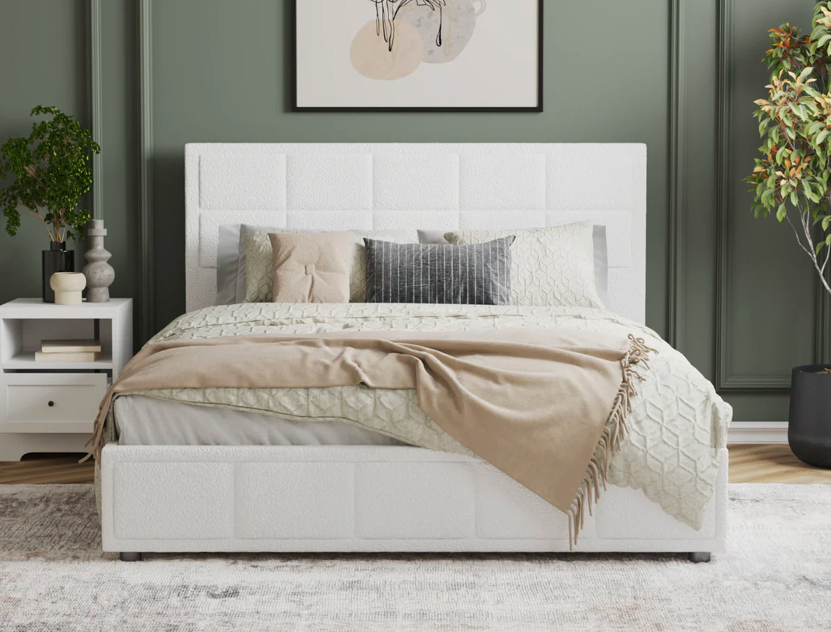 Nora White Boucle Gas Lift Bed Frame