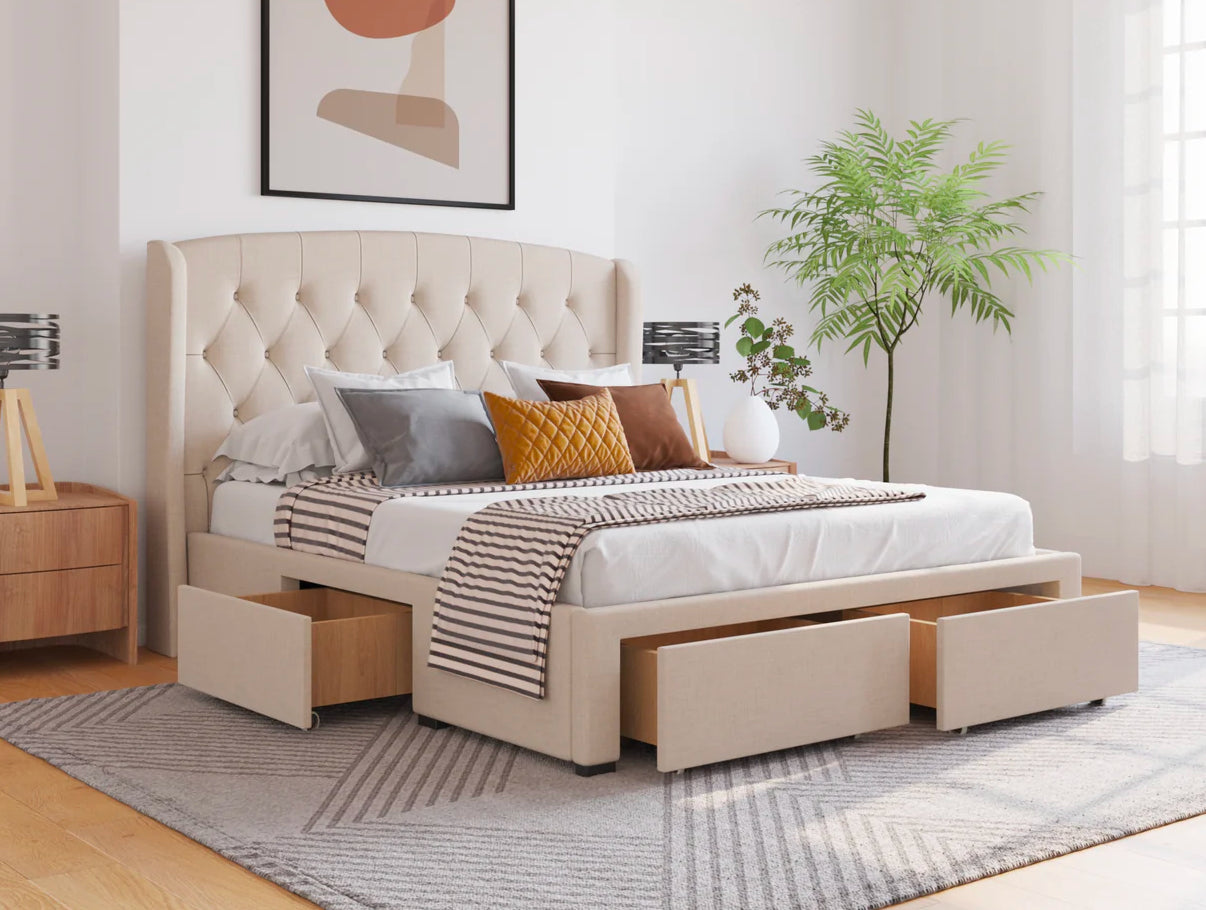 Lyla Beige White Oak Drawer Bed Frame