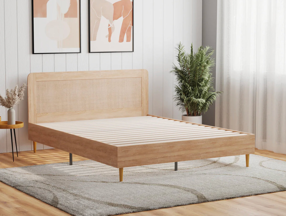 Cassia Wooden Rattan Natural Bed Frame