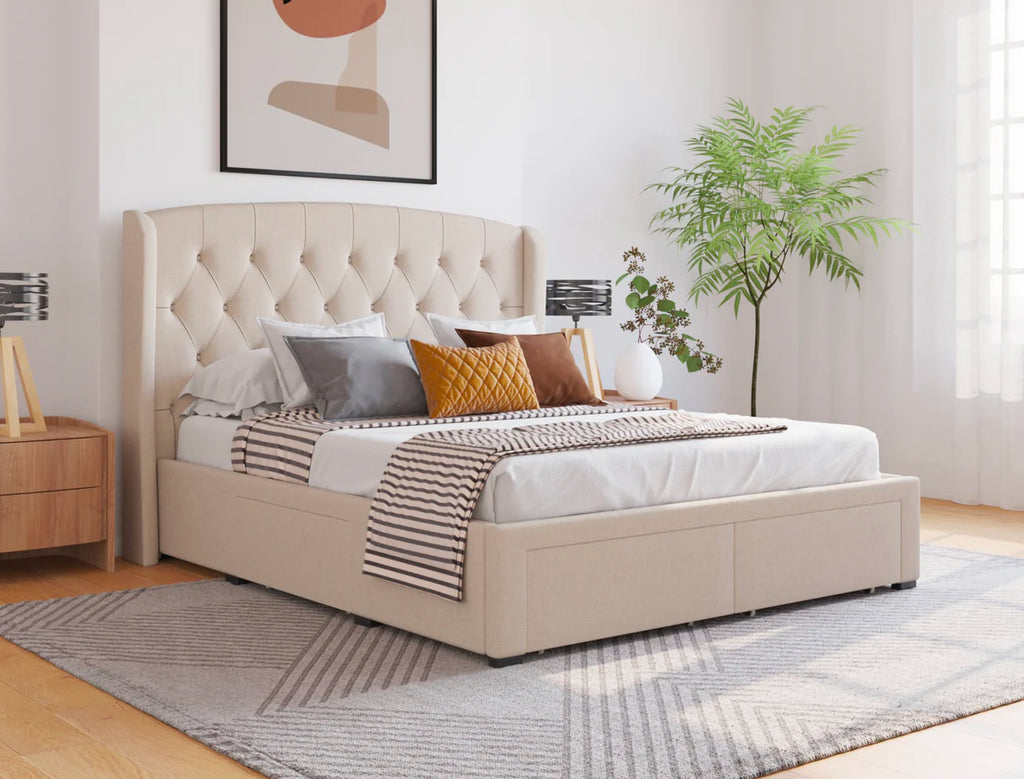 Lyla Beige White Oak Drawer Bed Frame