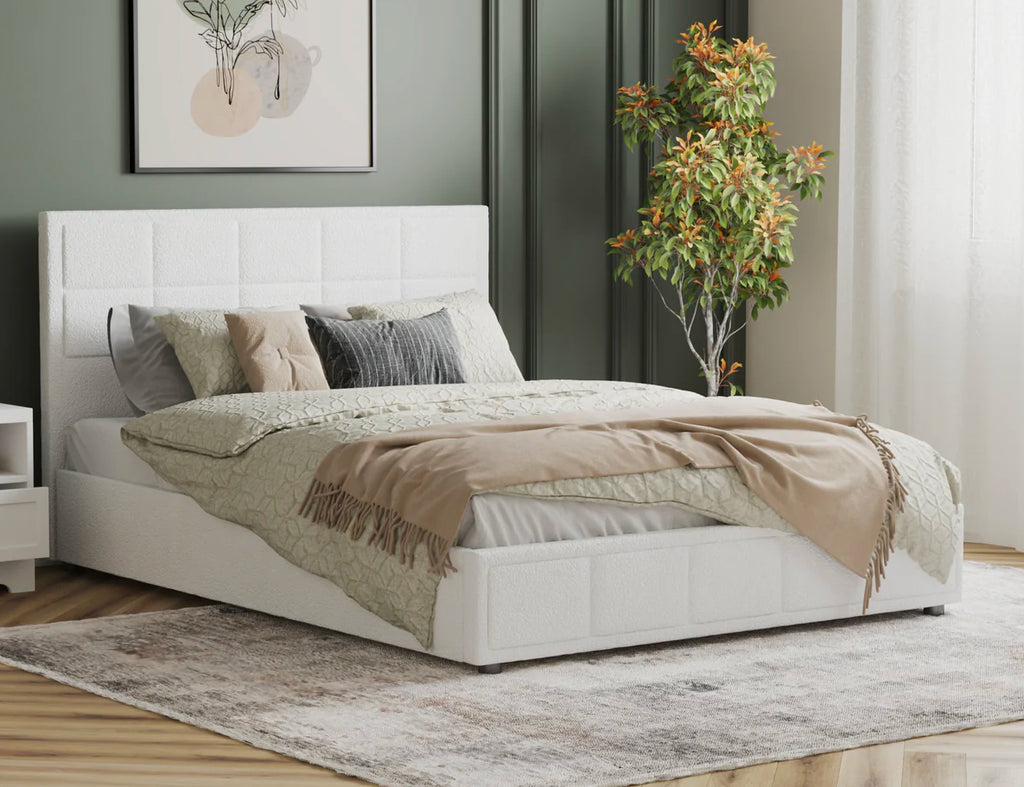 Nora White Boucle Gas Lift Bed Frame