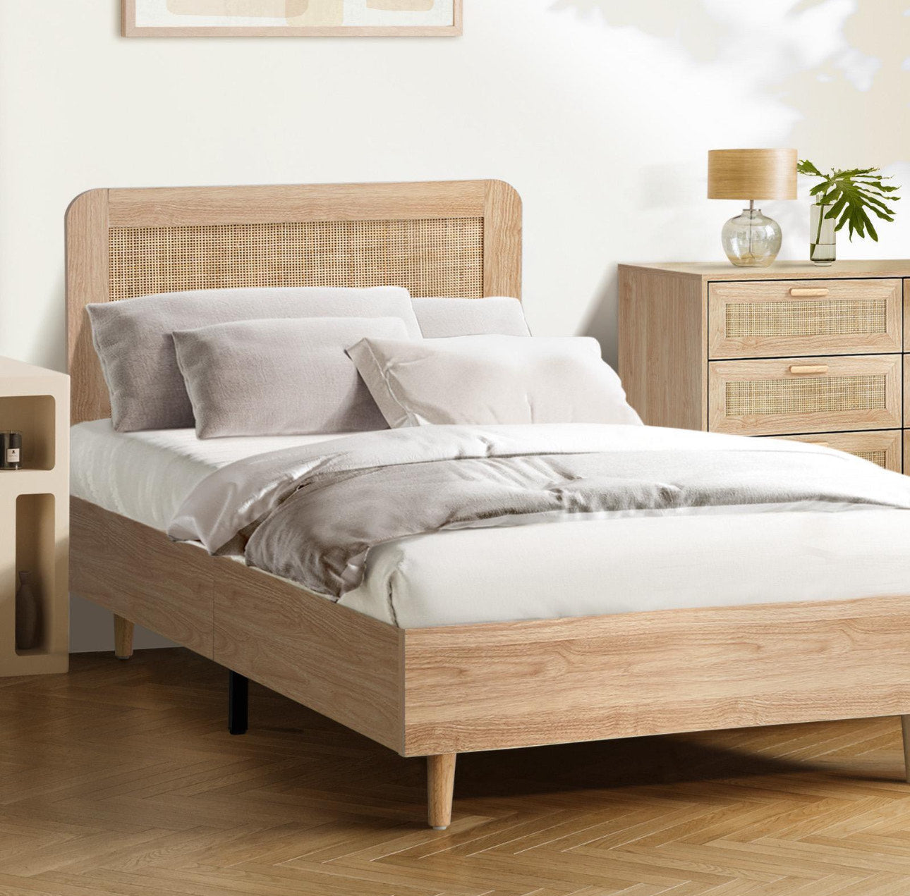 Cassia Wooden Rattan Natural Bed Frame