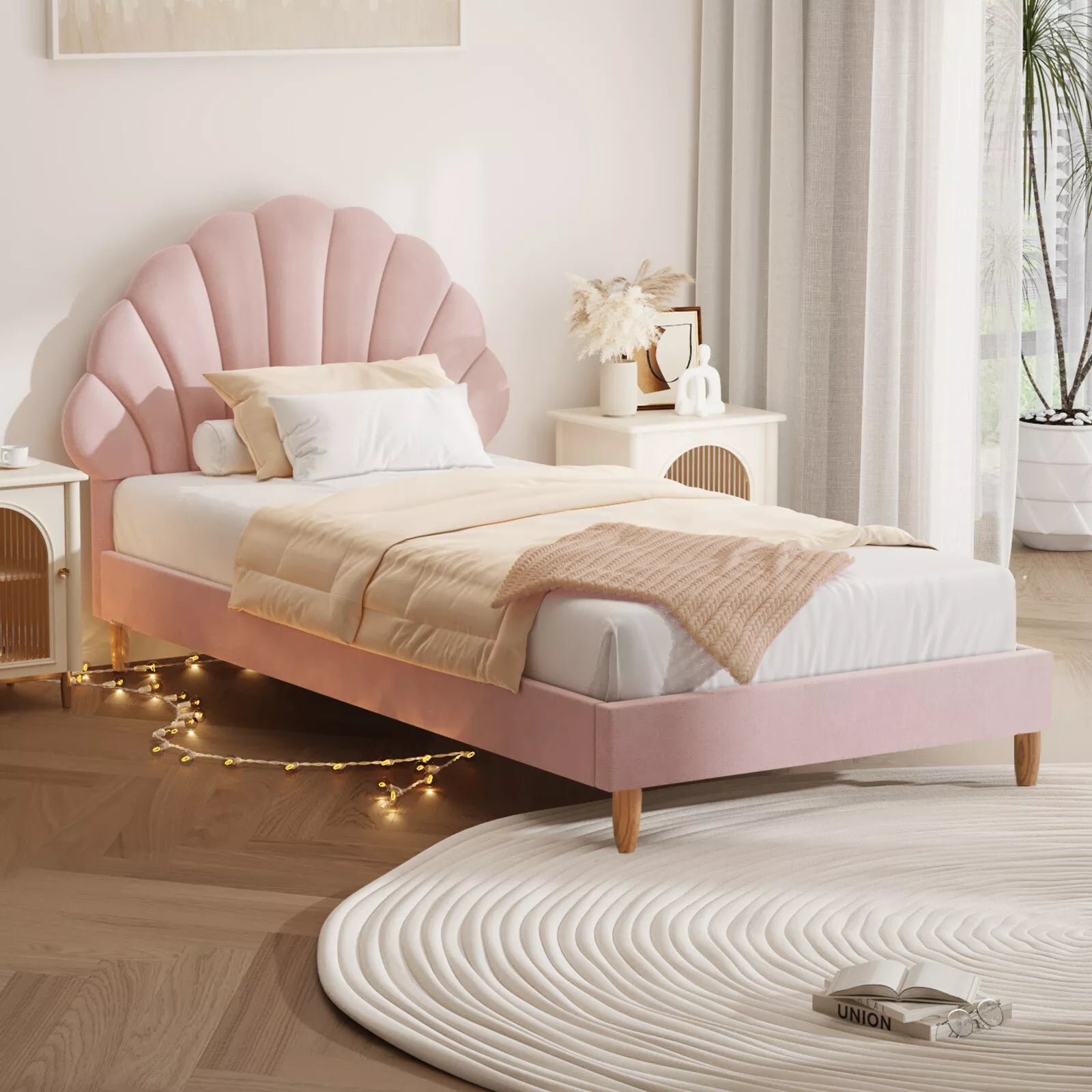 Aura Shell Pink Boucle Bed Frame